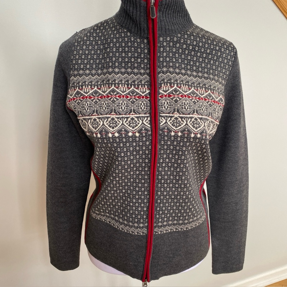 Eddie Bauer Gray and Red Patterned Zip-Up wool Nordic style women’s Sweater